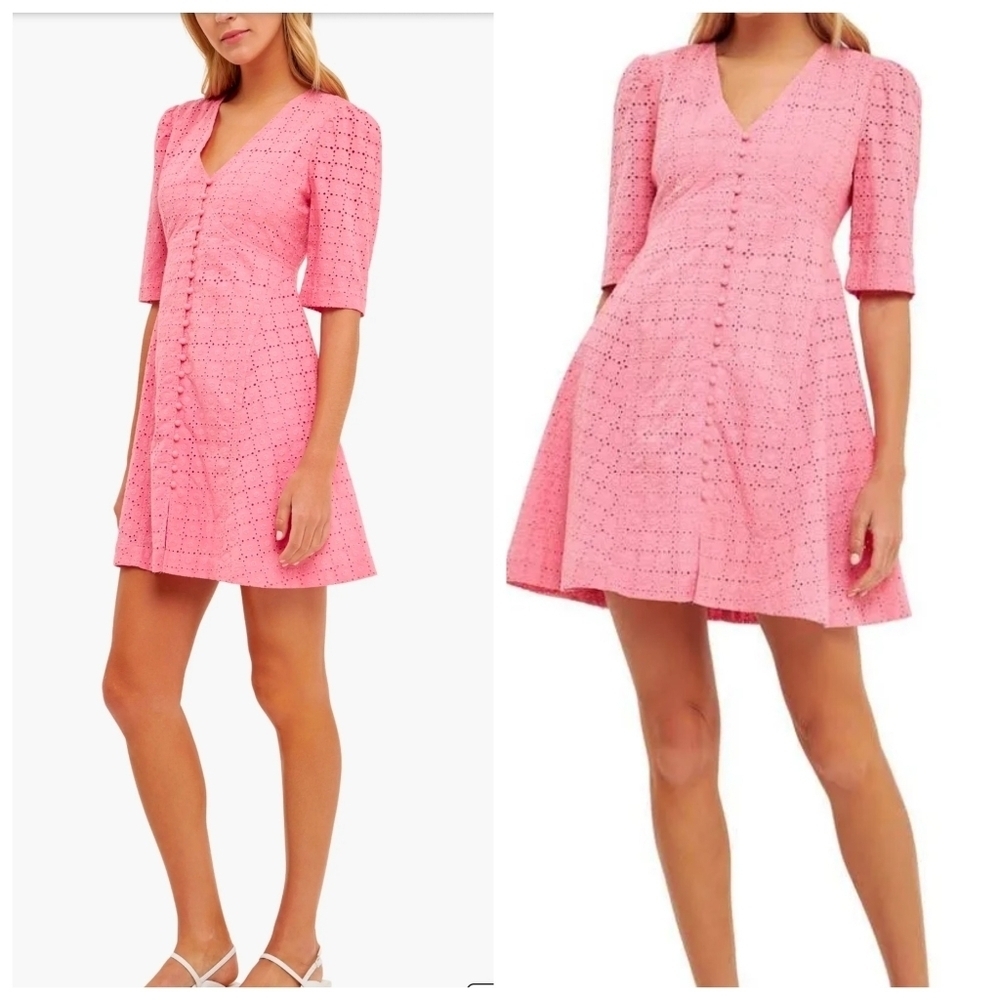 English Factory Pink Broderie Lace Eyelet Mini Dress